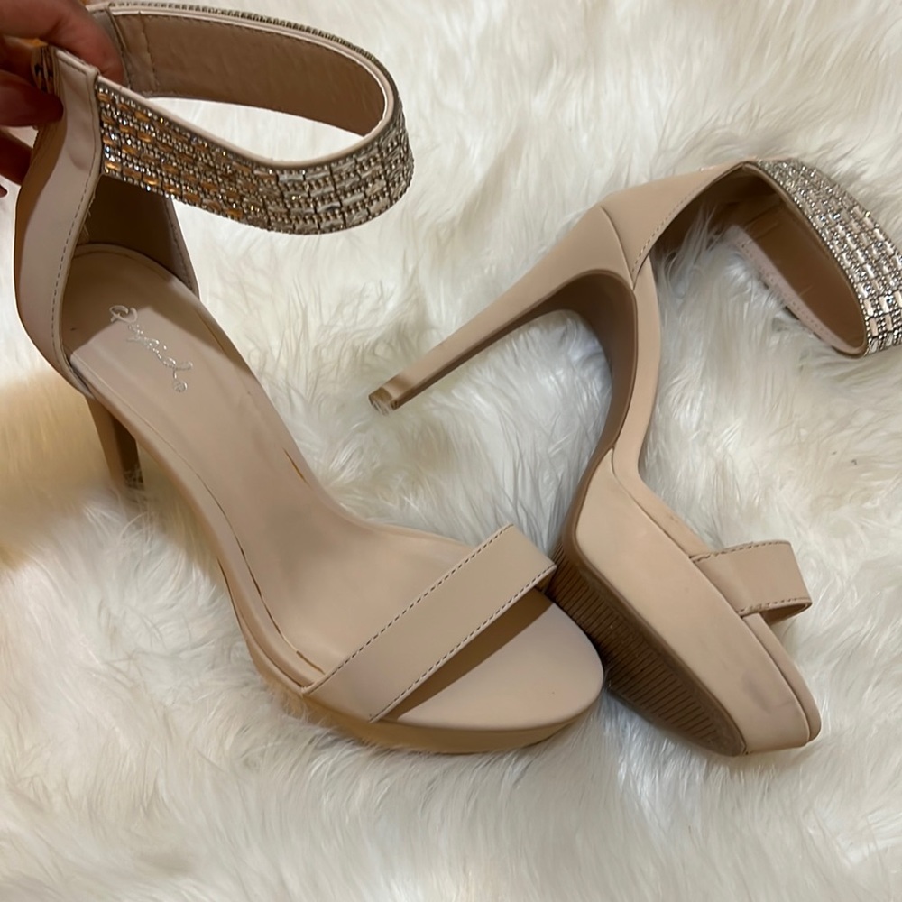 Nude open toe shoes with crystal ankles